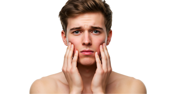 A young man with brown hair holding his face with a concerned expression on a black background close up