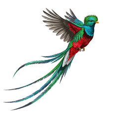 Fototapeta premium Vibrant Resplendent Quetzal Bird Flying with Long Tail Feathers Isolated Digital Art