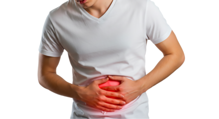 Man in white shirt clutching stomach with red glow indicating pain or discomfort on a black background