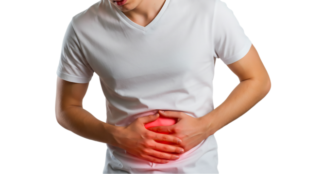 Man in white shirt clutching stomach with red glow indicating pain or discomfort on a black background