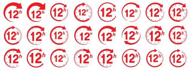 12 hours service icon vector set. Red 12h duration sign. Red 12 hours clock arrow icons, work and delivery time symbols. Red 12hr support sign collection.