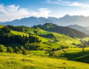 Lush, rolling hills meet majestic mountains under a vibrant sky