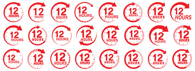 12 hours service icon vector set. Red 12h duration sign. Red 12 hours clock arrow icons, work and delivery time symbols. Red 12hr support sign collection.