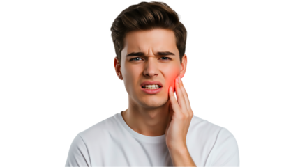 Man with toothache holding his face with red highlight on cheek against black background studio shot