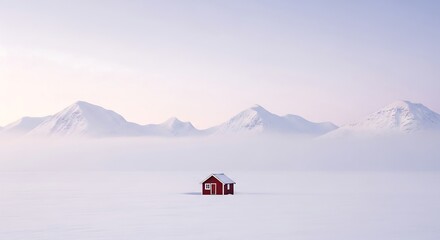 Red cabin on snowy plain with mountain fog background, minimalist winter eye-level photo for solitude and story-driven visuals