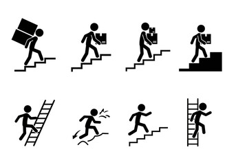 A set of stick figures climbing stairs and ladders, carrying boxes, and running on uneven ground, depicted in black and white.