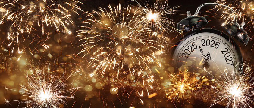 2026 New Year, Clock And Golden Fireworks, Countdown To Midnight, Abstract Defocused Background. Merry Christmas and New Year concept,