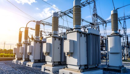 Power station transformers under a partly cloudy sky