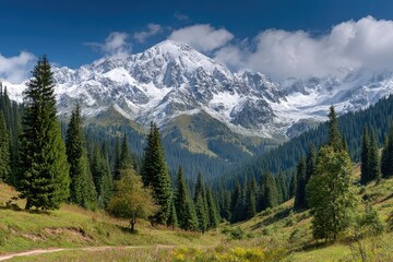 Fototapeta premium Snowy mountain peak, lush valley