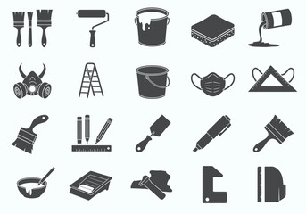 A collection of vector icons depicting various painting tools and equipment, including brushes, rollers, buckets, masks, and other supplies.