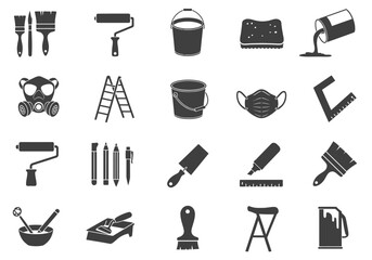 Collection of twenty vector icons representing painting and renovation tools, including brushes, rollers, buckets, and safety equipment.