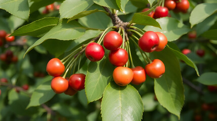 Morello cherry tree with unripe sour cherries. Scientific name Prunus Cerasus and family Rosaceae.