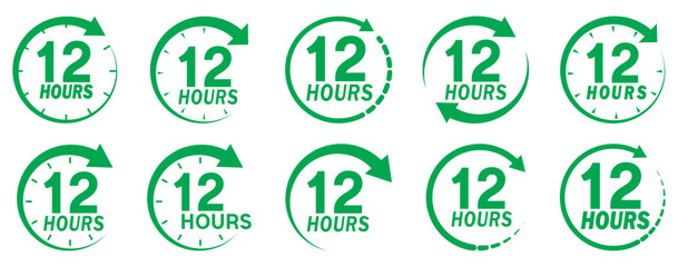 Green 12 hours service icon. Green 12 hours service duration sign. Green 12 hours or half day icon with circle arrow. Shipping delivery symbol. Twelve hour delivery clock icon . Hours time arrow.