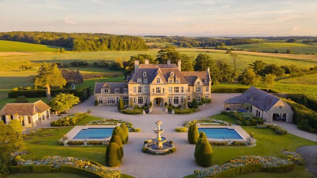 Aerial View of Luxury Countryside Mansion with Fountain and Garden Landscape