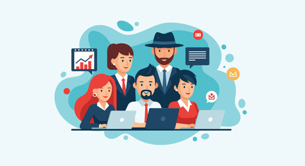 Diverse business team working collaboratively on laptops, ideal for website banners or presentations.