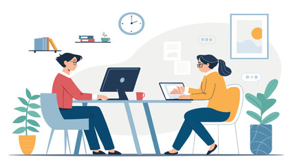 Two colleagues collaborating on a project, perfect for illustrating teamwork and productivity in a modern office setting.