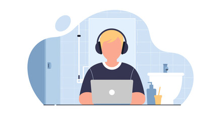 Person working on laptop in bathroom, perfect for articles on work-life balance or remote work.