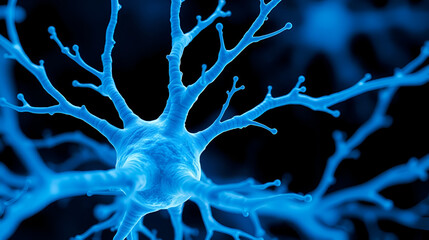 A close up of a nerve cell with blue and white colors