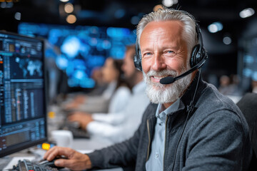 A smiling middle-aged man with a headset works on a computer in a tech-focused control room with multiple screens and data displays.