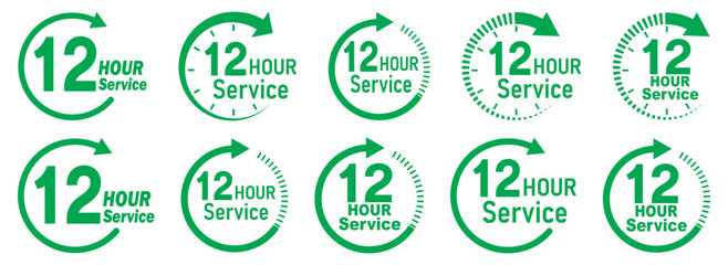 Green 12 hours service icon. Green 12 hours service duration sign. Green 12 hours or half day icon with circle arrow. Shipping delivery symbol. Twelve hour delivery clock icon . Hours time arrow.
