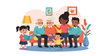 Multigenerational family enjoying time together at home, perfect for family-themed websites or brochures.