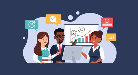 Diverse business team collaborating on project, perfect for presentations on teamwork and success.