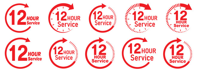 12 hours service icon vector set. Red 12h duration sign. Red 12 hours clock arrow icons, work and delivery time symbols. Red 12hr support sign collection. 12 hours icon vector set.
