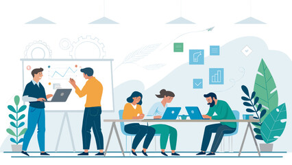 Teamwork, collaboration, and data analysis: Illustration perfect for business presentations, reports, and websites.