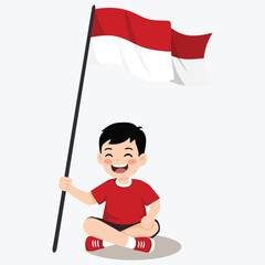 Cartoon illustration of a happy boy sitting cross-legged and holding a waving Indonesian flag on a pole, celebrating national pride.