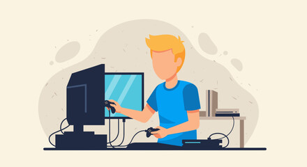 Young man playing video games on a desktop computer - perfect for blogs, articles about gaming, or technology websites.