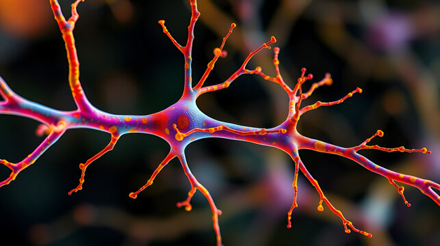 A detailed illustration of a human neuron with vibrant colors to highlight its structure, including axons and dendrites.