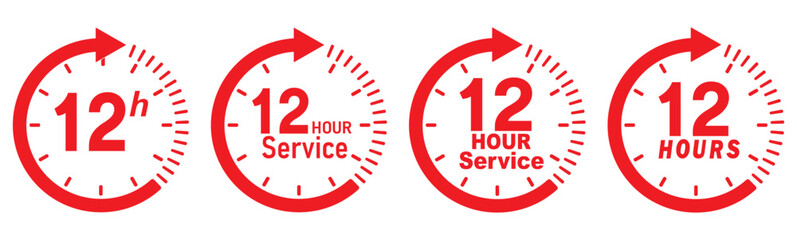 12 hours service icon vector set. Red 12h duration sign. Red 12 hours clock arrow icons, work and delivery time symbols. Red 12hr support sign collection. 12 hours icon vector set.