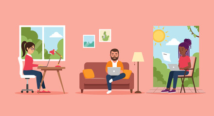 Diverse team working remotely from home, office, and outdoors. Ideal for illustrating remote work, flexibility, and work-life balance.