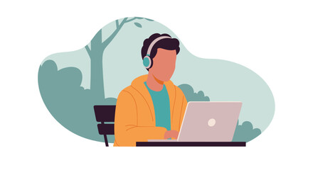 Young man working on laptop in park, perfect for blog, website or app.