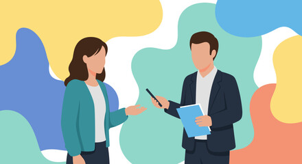 Business colleagues discussing project details, perfect for presentations or reports.