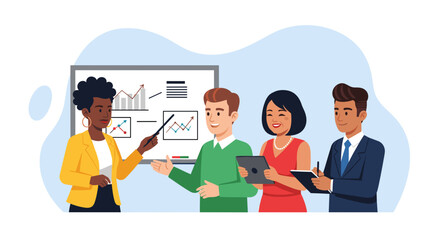 Diverse business team reviewing data on a whiteboard, ideal for presentations on teamwork and collaboration.