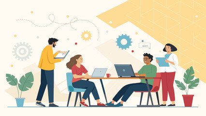 Obraz premium Teamwork in a modern office: Diverse colleagues collaborating on a project. Ideal for website landing pages or brochures.