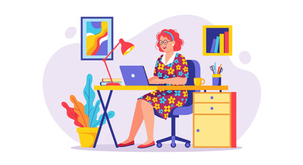 Happy woman working from home on laptop, perfect for blog, website or social media.