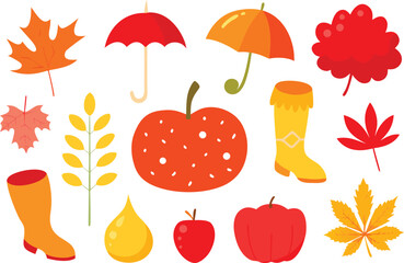 A vibrant collection of autumn elements including colorful falling leaves bright red apples yellow wheat stalks and stylish rain boots perfect for seasonal designs