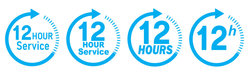 12 hours service icon vector set. Blue 12h duration sign. Blue 12 hours clock arrow icons, work and delivery time symbols. Blue 12hr support sign collection. 12 hours icon vector set.