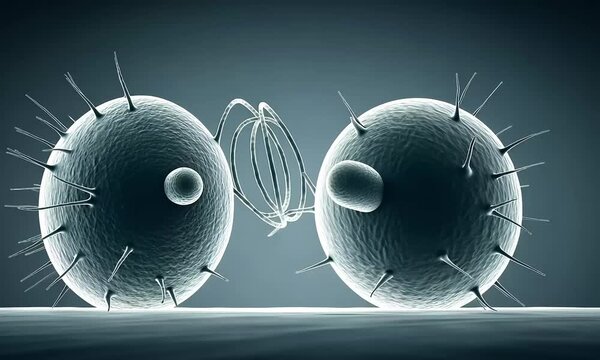 Animated Microscopic View of Cell Division Process against a Blueish Gray Background