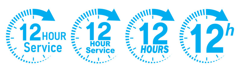 12 hours service icon vector set. Blue 12h duration sign. Blue 12 hours clock arrow icons, work and delivery time symbols. Blue 12hr support sign collection. 12 hours icon vector set.