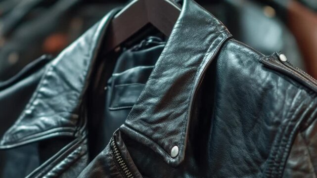 Close-up shot of a leather jacket hanging on a rack, ideal for fashion or lifestyle uses