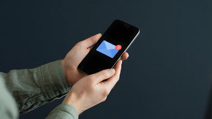 Modern hands hold smartphone displaying new email notification with count, signifying urgent communication and digital connection