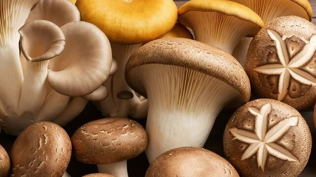 Assortment Of Fresh Edible Mushrooms With Brown And Beige Tones Against Wooden Surface