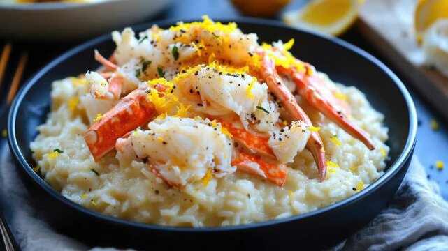 A plate of seafood risotto with succulent shrimp, served on a bed of white rice