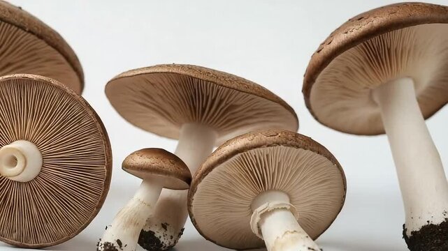Brown Mushrooms with White Stems and Textured Caps on a White Background