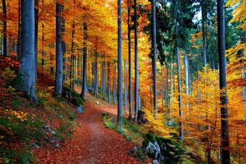 Autumn forest path winding through vibrant trees