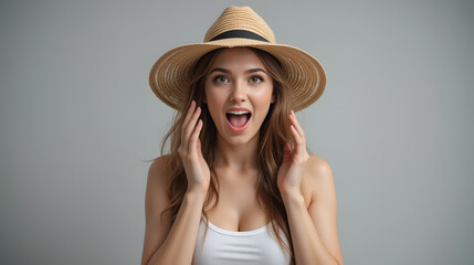 Young woman wearing straw hat and white tank top cups hands to mouth shouting in studio; announcement excitement.