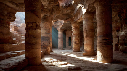 Ancient petra temple interior sunbeams columns